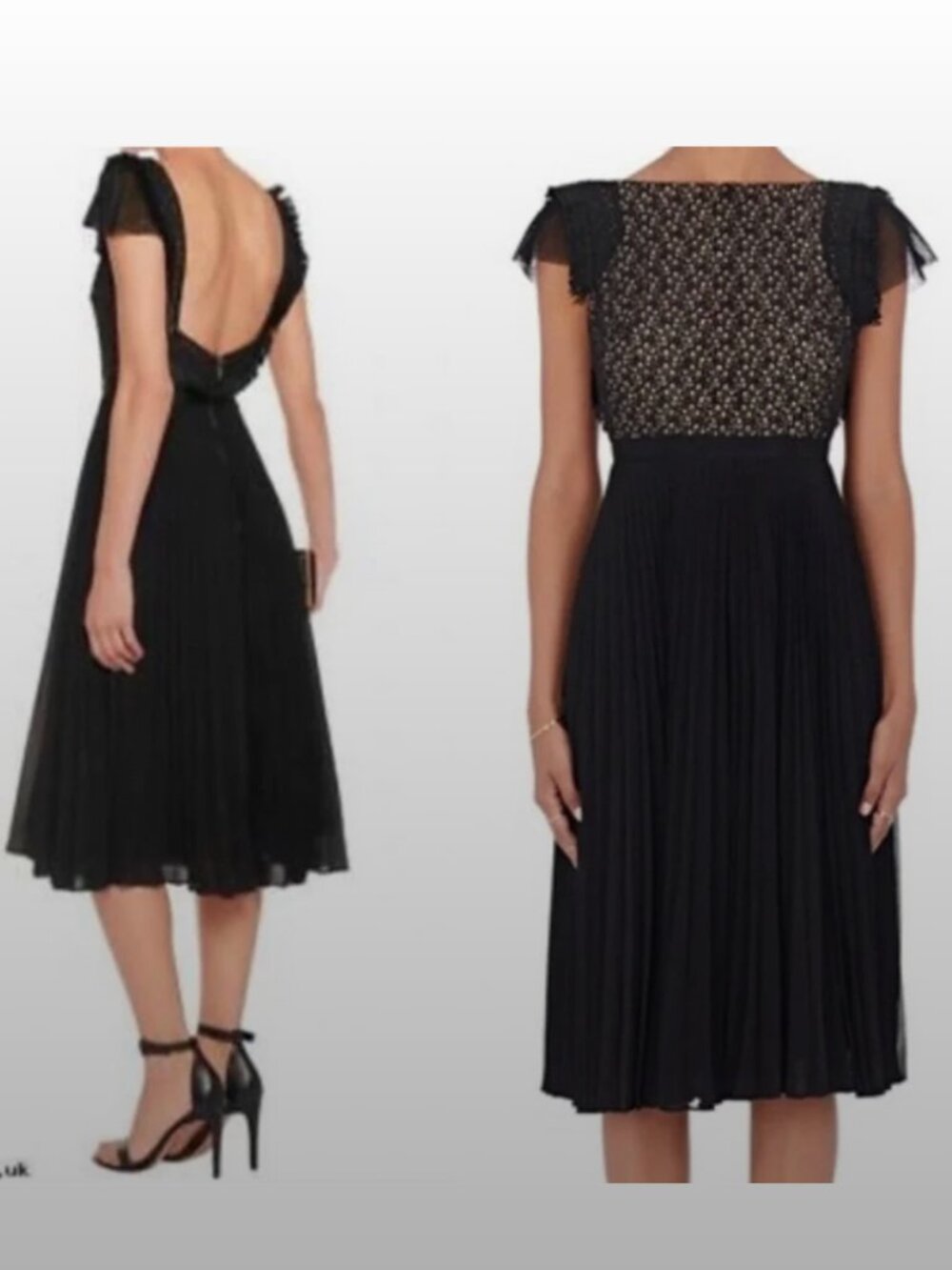 Saloni Luella Dress Midi Cotton Pleated Chiffon Cap Flutter Sleeve Lace Black 2